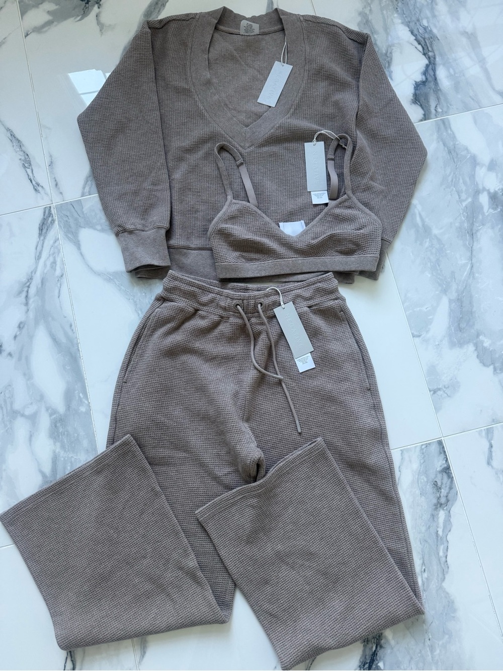 Negative Women’s Cozy Waffle Knit Lounge Set — Taupe xs